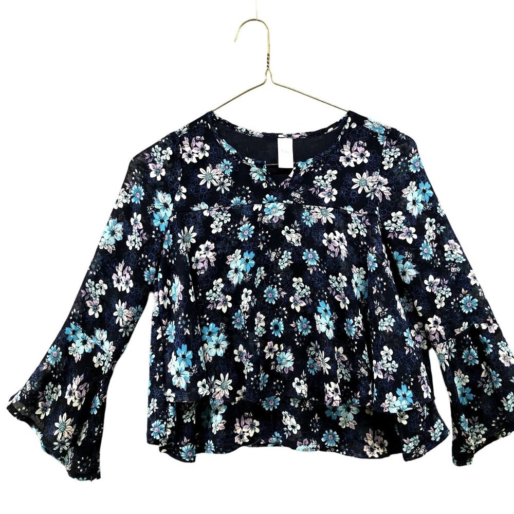 Justice Girls Size 8 Chiffon Blouse Navy Blue Floral Bell‎ Sleeve Sheer Sleeve